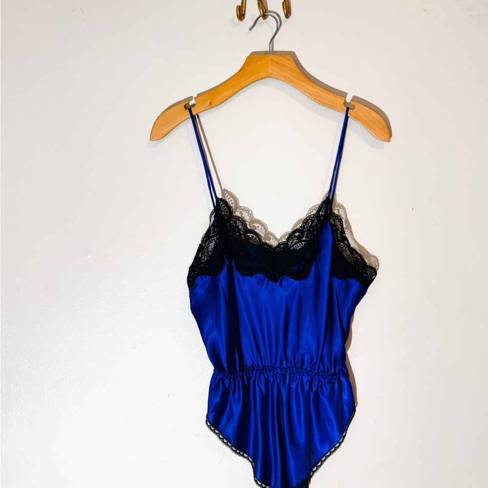 Elegant Blue and Black Lace Trimmed Bodysuit
